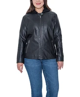 Sebby Collection Plus Garment Dyed Faux Leather Zip Front Jacket With Detachable Sweater Knit Hood