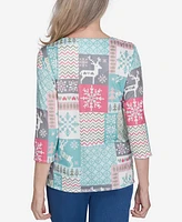 Alfred Dunner Petite Classics Reindeer Patch Work Top