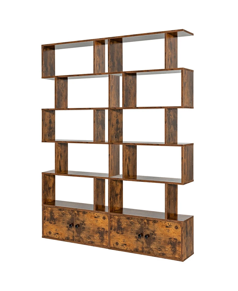 Gymax 2 Pcs Bookshelf w/ Cabinet 6-Tier S-Shaped Bookcase Storage Rack Rustic Brown