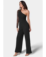 Bebe Women's Long Sleeve Mesh One Shoulder Jumpsuit