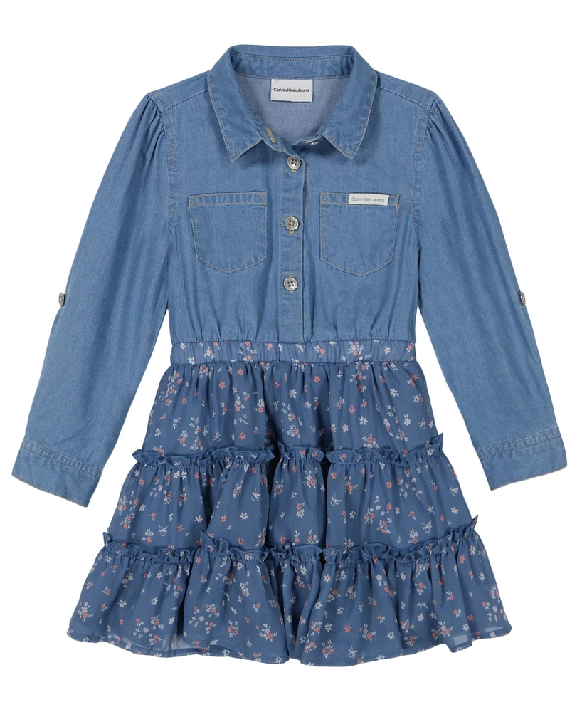 Calvin Klein Toddler Girl Denim-and-Floral Georgette Tiered Shirtdress