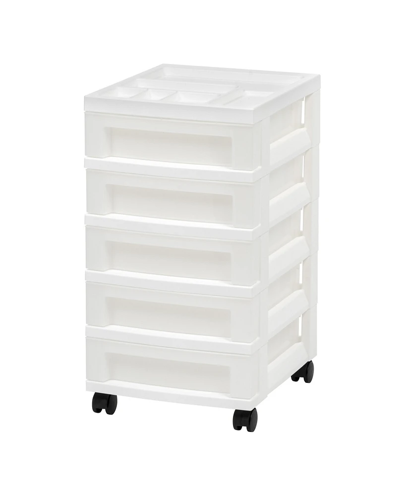 Iris 5-Drawer Storage Cart with Organizer Top, White/Pearl