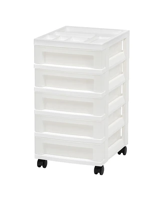 Iris 5-Drawer Storage Cart with Organizer Top, White/Pearl