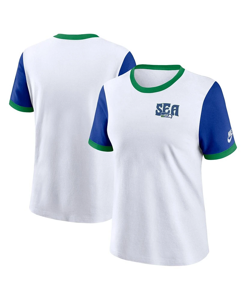 Nike Women's White/Royal Seattle Seahawks Rewind Ringer T-Shirt