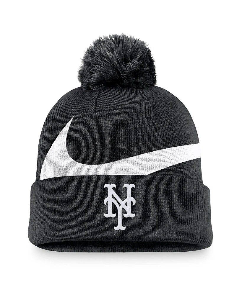 Nike Men's Black New York Mets Swoosh Peak Cuffed Knit Hat with Pom