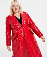 Bar Iii Trendy Plus Size Faux-Leather Trench Coat, Created for Macy's