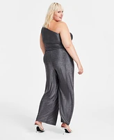 Bar Iii Trendy Plus Metallic Jersey One-Shoulder Jumpsuit, Created for Macy's