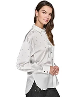 Karl Lagerfeld Paris Women's Imitation-Pearl Satin Button-Front Top, Regular & Petite