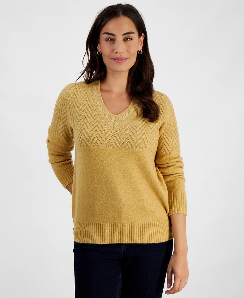 Style & Co Women's Lurex Shine Mixed-Stitch V-Neck Sweater, Created for Macy's