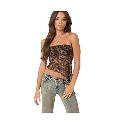 Edikted Womens Leopard Printed Sheer Mesh Tube Top