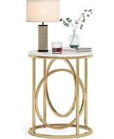 Tribesigns Modern Round End Table with Faux Marble White Top, 20”Sofa Side Table Coffee Table Cocktail Table with Unique Gold O-Shaped Base, Mi