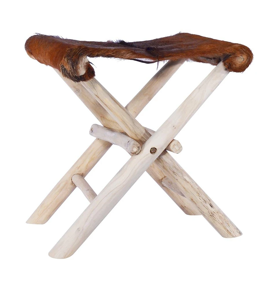 vidaXL Folding Stool Real Leather and Solid Teak Wood