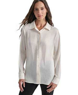 Dkny Jeans Petite Buttoned-Cuff Fold-Collar Blouse