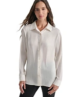 Dkny Jeans Petite Buttoned-Cuff Fold-Collar Blouse