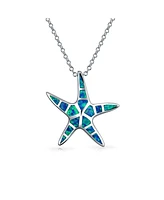 Bling Jewelry Nautical Pendant Blue Inlay Synthetic Opal Starfish Pendant Necklace For Women For Sterling Silver