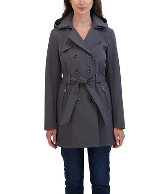 Sebby Collection Women's Belted Double Breasted Soft Shell Trench Coat With Detachable Hood