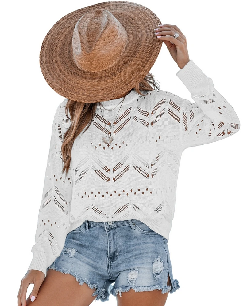 Cupshe Women's White Cutout Knit Round Neck Long Sleeve Cover-Up