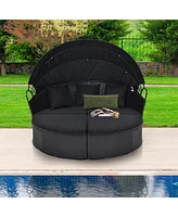 Sugift Clamshell Patio Round Daybed Wicker with Retractable Canopy and Pillows