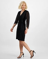 Connected Petite Metallic-Knit Angel-Sleeve Dress