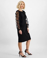 Connected Petite Sheer-Sleeve Applique Sheath Dress