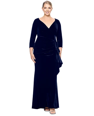 Xscape Plus Size Ruffled Long-Sleeve Velvet Gown