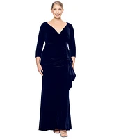 Xscape Plus Ruffled Long-Sleeve Velvet Gown