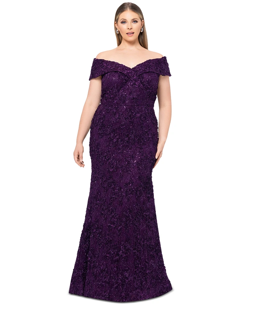 Xscape Plus Embellished Lace Off-The-Shoulder Gown