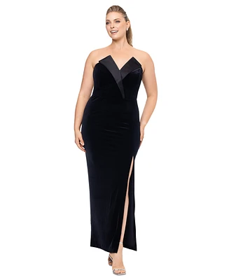 Betsy & Adam Plus Strapless Front-Slit Velvet Gown