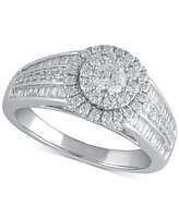 Diamond Round & Baguette Double Halo Engagement Ring (1 ct. t.w.) in 14k White Gold