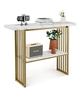 Sugift 48 Inch 2-Tier Console Table with Gold Finished Frame-White