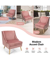 Sugift Velvet Wing Back Accent Chair with Rubber Wood Legs and Padded Seat for Living Room-Pink