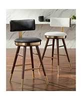 Studio 55D Parker Walnut Wood Gold Metal Bar Stool Brown 25 1/2" High Mid Century Modern Black Leather Upholstered with Backrest Footrest for Kitchen