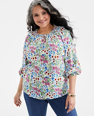 Style & Co Plus Printed Blouson-Sleeve Blouse