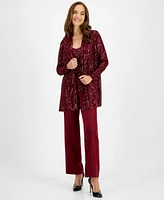 Anne Klein Womens Sequin Embellished Open Front Jacket V Neck Sleeveless Sequin Top High Rise Pull On Pants