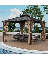 Givimo 12 x 12 Feet Double-Roof Patio Hardtop Gazebo with Galvanized Steel Roof Netting and Curtains-Coffee