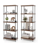 Gymax 2PCS 5-Tier Multipurpose Display Rack Freestanding Bookshelf w/ Metal Frame Walnut