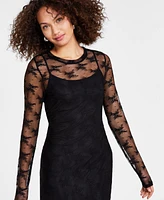 Bar Iii Women's Lace Long-Sleeve Crewneck Midi Dress, Created for Macy's