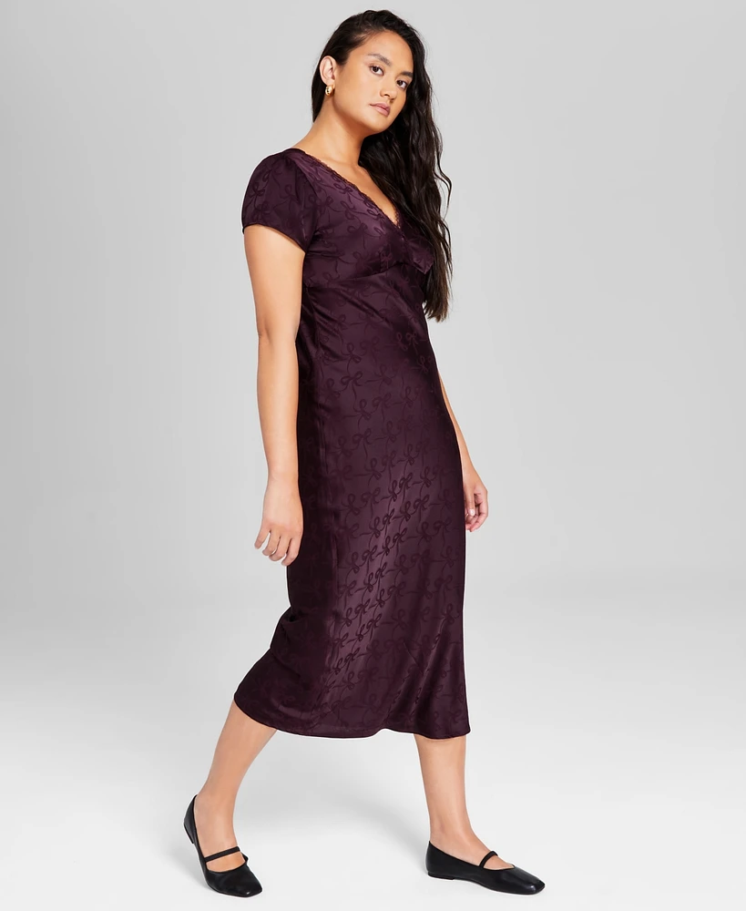 And Now This Women's Satin Bow Print Short-Sleeve V-Neck Midi Dress, Created for Macy's