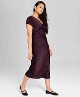 And Now This Women's Satin Bow Print Short-Sleeve V-Neck Midi Dress, Created for Macy's