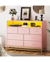 gaomon Pink Dresser for Bedroom, Modern 7 Drawers Long Dresser with Charging Station and Led Lights Design, Wooden Large Capacity Storage Chest of Dra