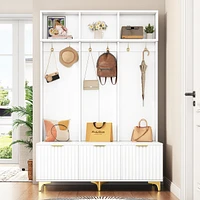 High Gloss Fluted Storage Hall Tree with Gold Accents