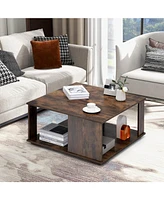 Sugift 2 Tiers Square Coffee Table with Storage and Non-Slip Foot Pads-Rustic Brown