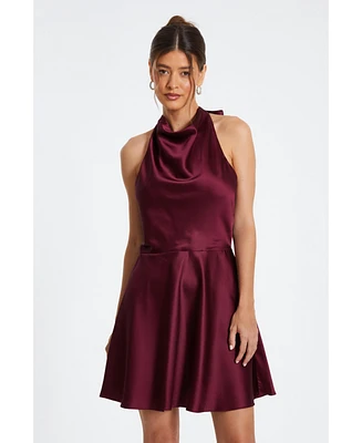 Quiz Women's Satin High Neck Cowl Tie Skirt Dress