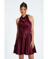 Quiz Women's Satin High Neck Cowl Tie Skirt Dress