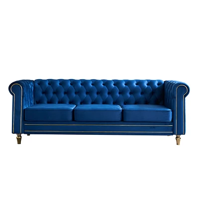 Simplie Fun Chesterfield Velvet Sofa 84.65 inch for Living Room Blue Color