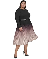 Dkny Plus Ombre Belted Pleated-Skirt Long-Sleeve Dress