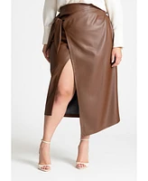 Eloquii Women's Wrap Front Faux Leather Midi Skirt