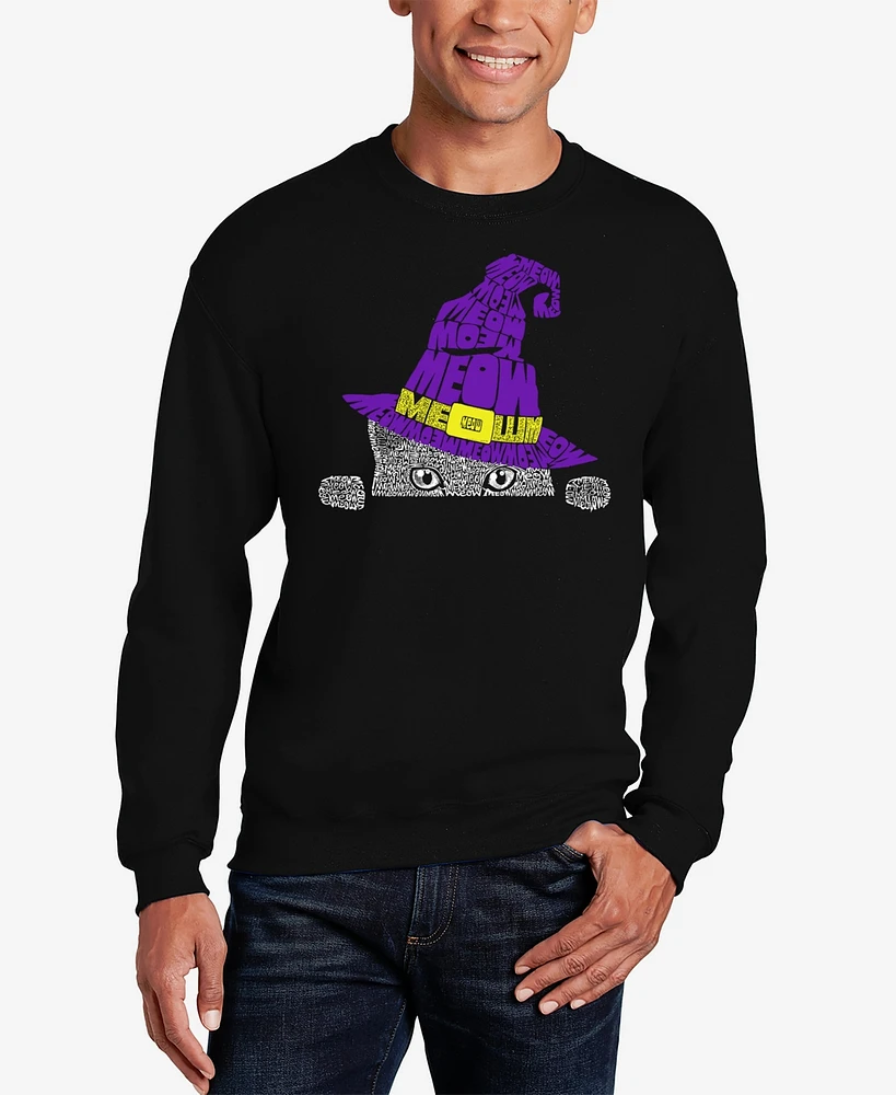 La Pop Art Men's Peeking Witch Cat Word Crewneck Sweatshirt