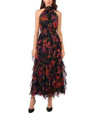 1.state Women's Floral Smocked Cascade-Ruffle Halter Maxi Dress