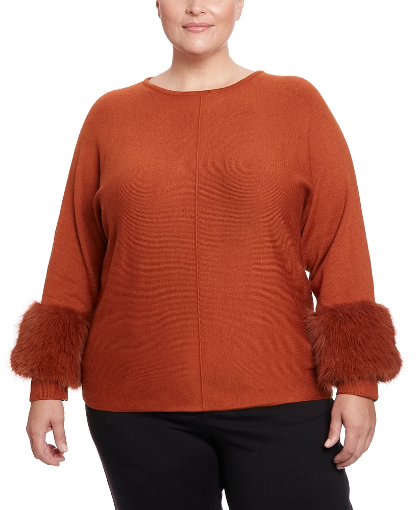 Joseph A Plus Faux Fur Cuff Dolman Pullover Sweater